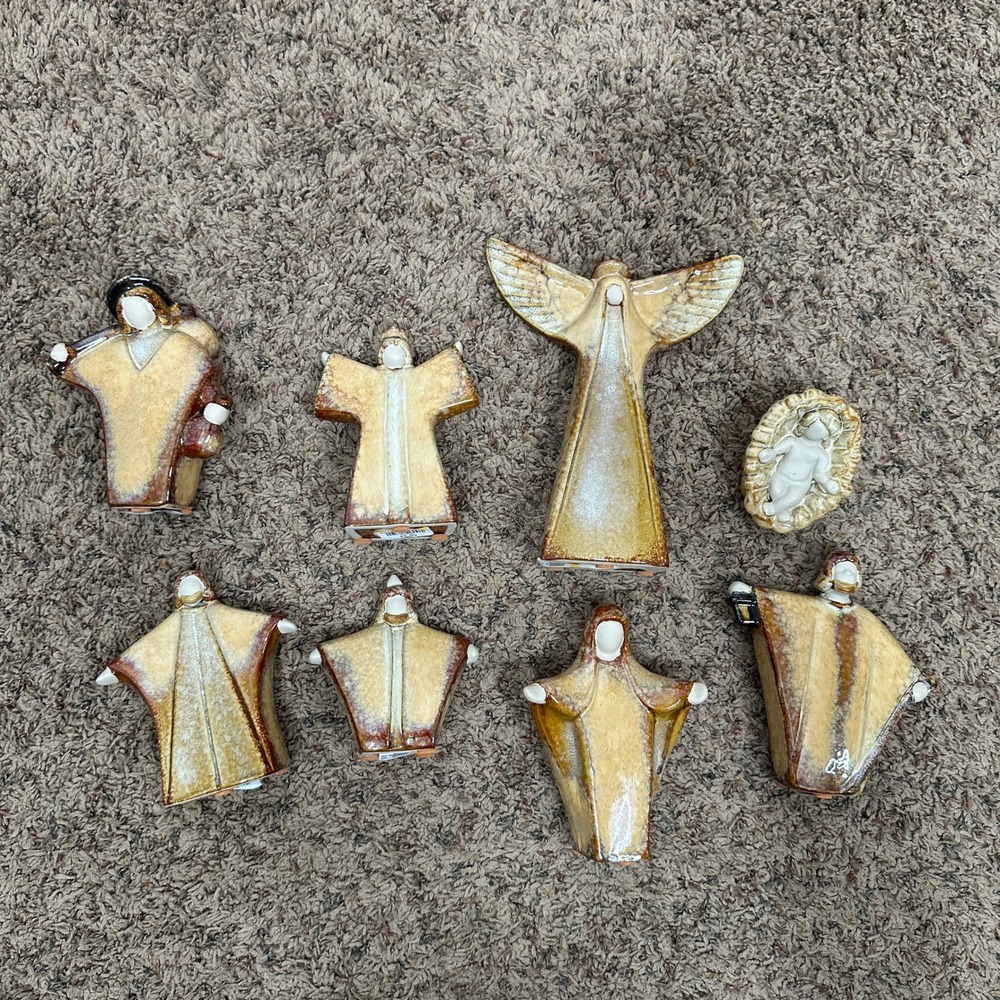 Modernist Ceramic Nativity Set 8 Piece Earth Tone Glaze Christmas Decor